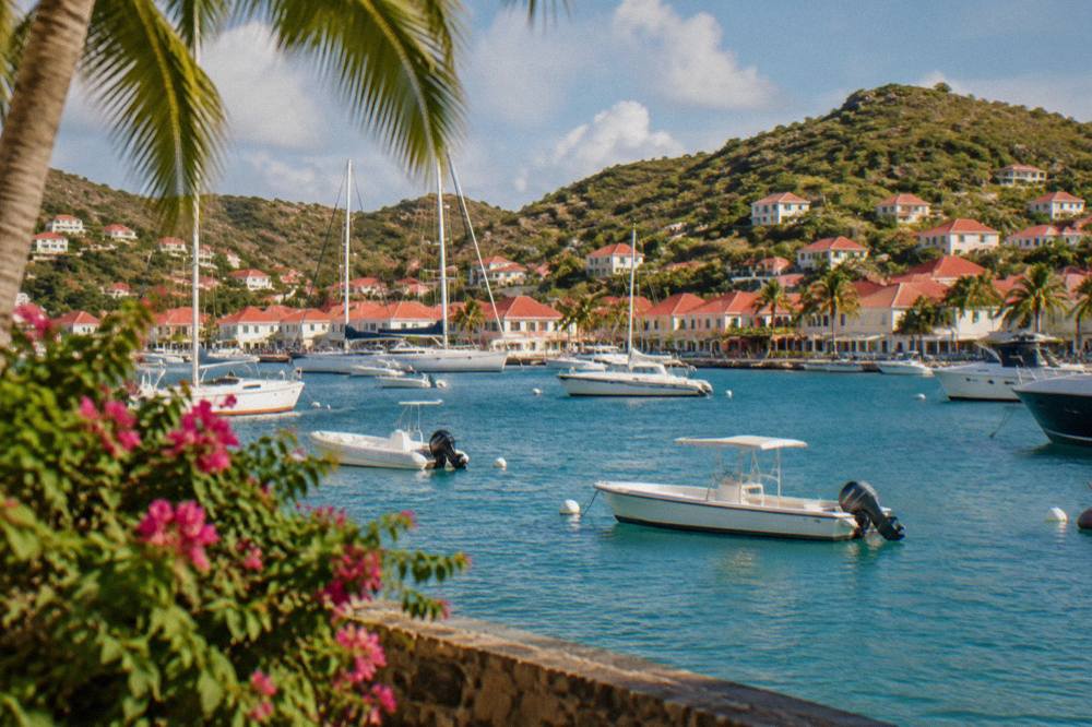 Red-roofed houses rising over the harbour at Gustavia on St Barts