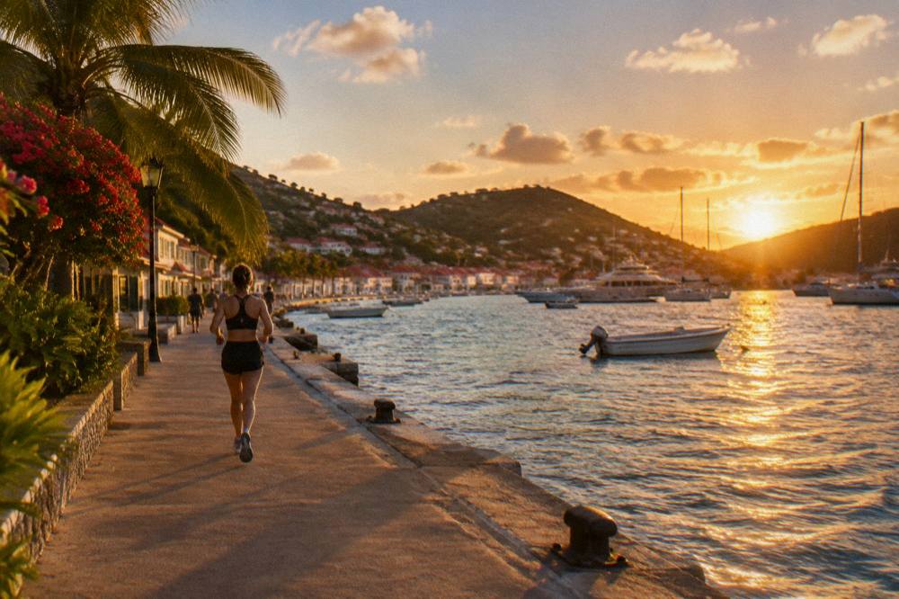 Sunset light over the harbour and anchored yachts at Gustavia