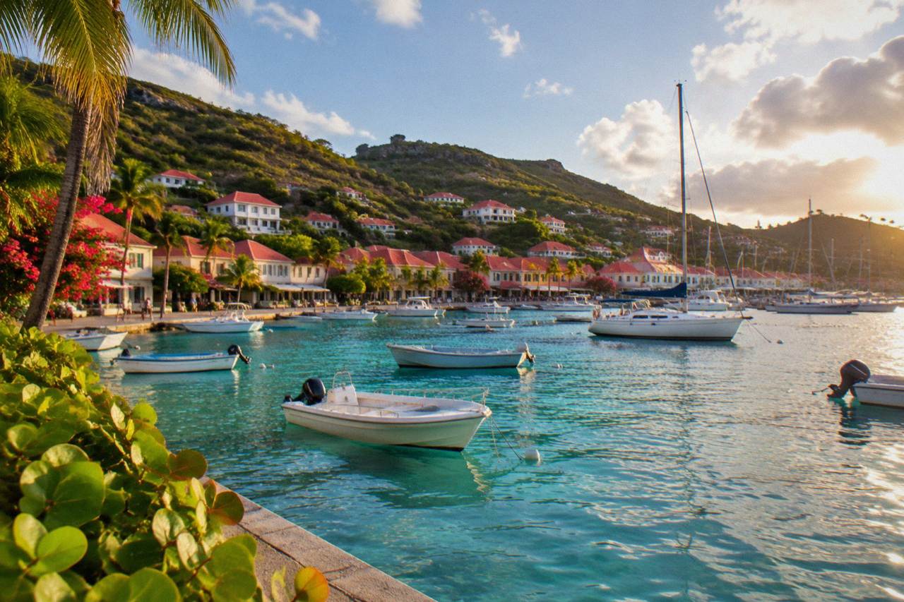 The harbour of Gustavia on St Barts with small boats moored in clear turquoise water
