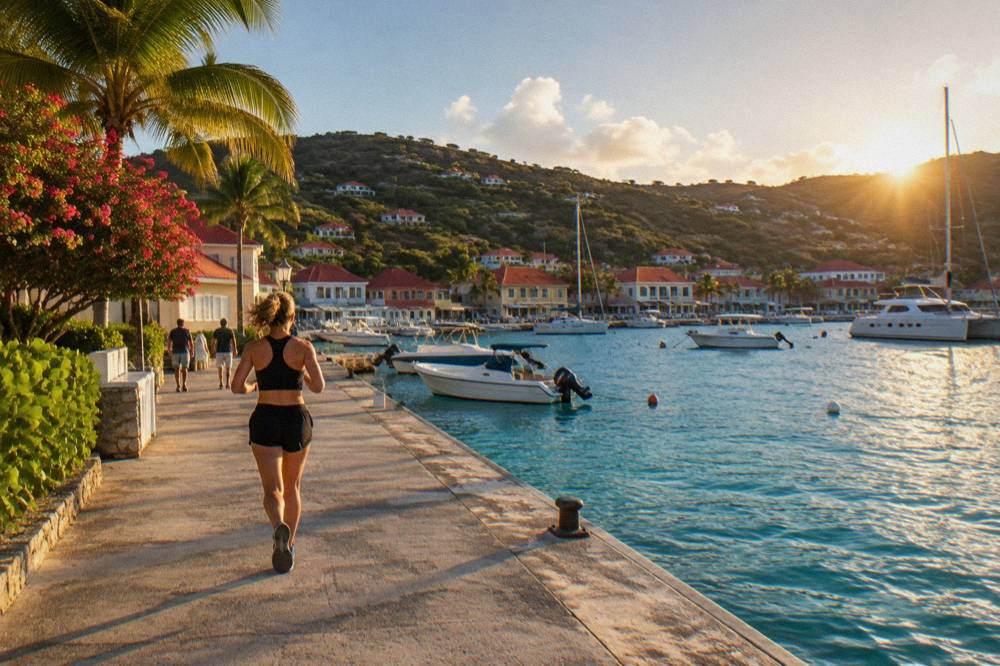 Ferry boats at a Caribbean waterfront marina in morning light