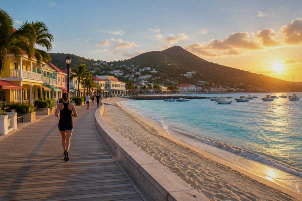 Colourful shopfronts along a waterfront street in Philipsburg, Sint Maarten