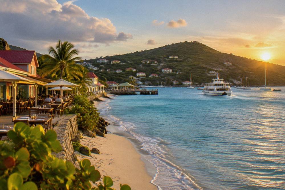 A white ferry boat pulling away from a Caribbean dock