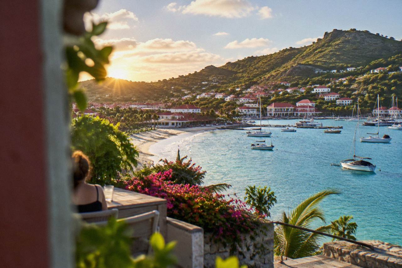 A turquoise bay on the coast of St Barts with green hills behind a curve of sand