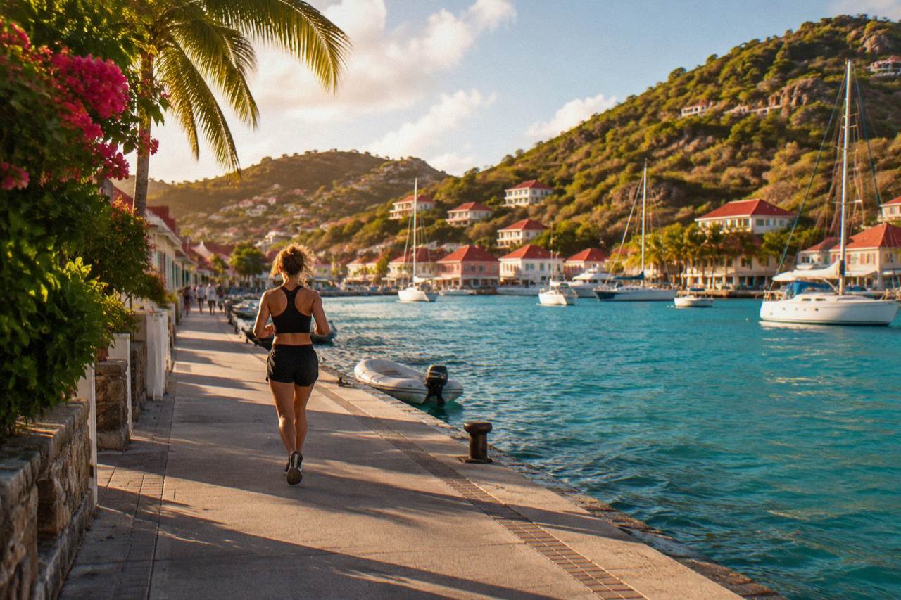 Sailboats anchored in turquoise water below the hills of St Barts