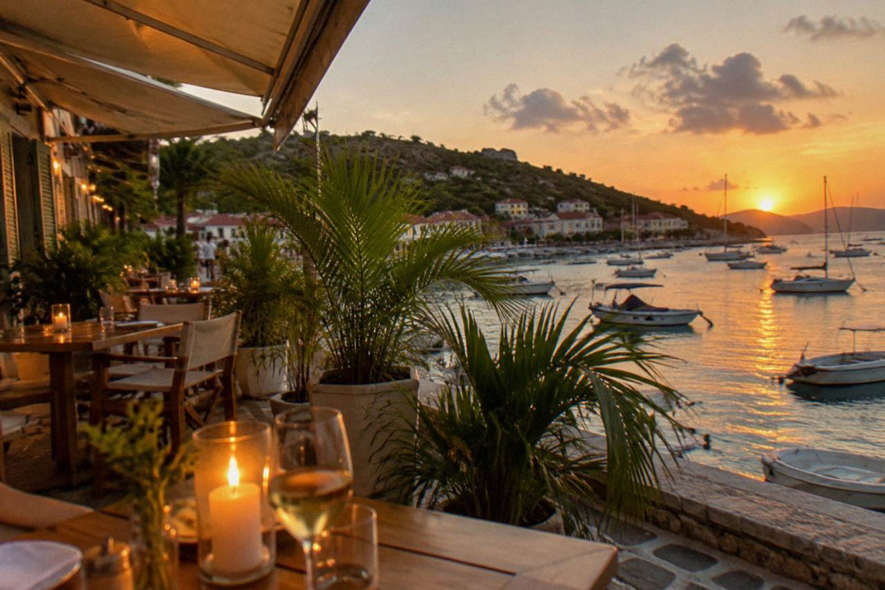 A candlelit restaurant terrace above a Caribbean harbor at dusk