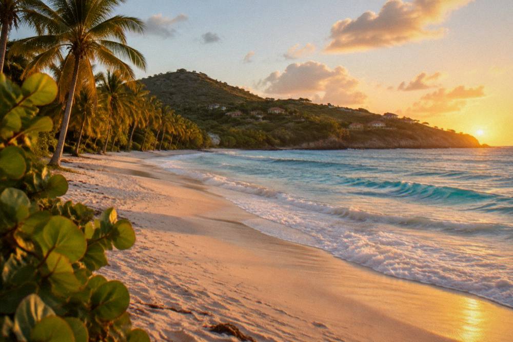A quiet sandy beach at sunrise with gentle waves and no people