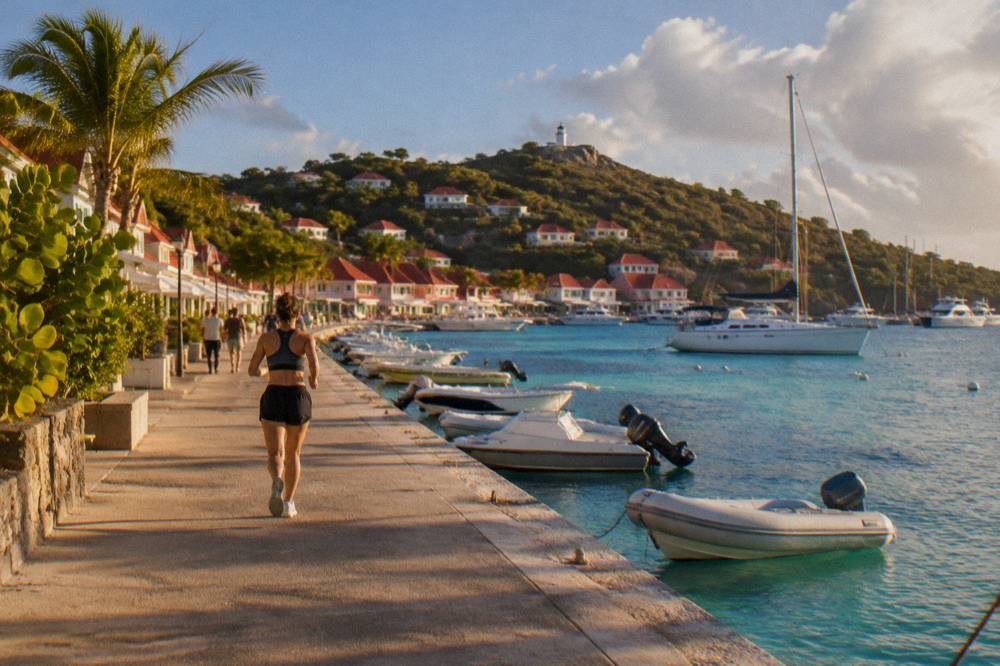 A protected Caribbean bay with a sailing boat at anchor, clear shallow water and wooded headlands