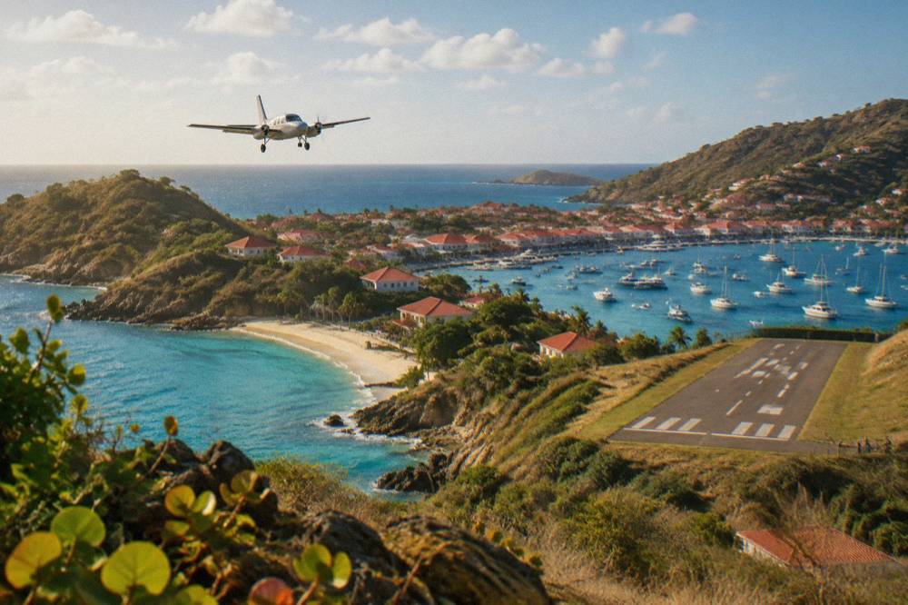 A red-roofed Caribbean harbour town seen from the air above turquoise water