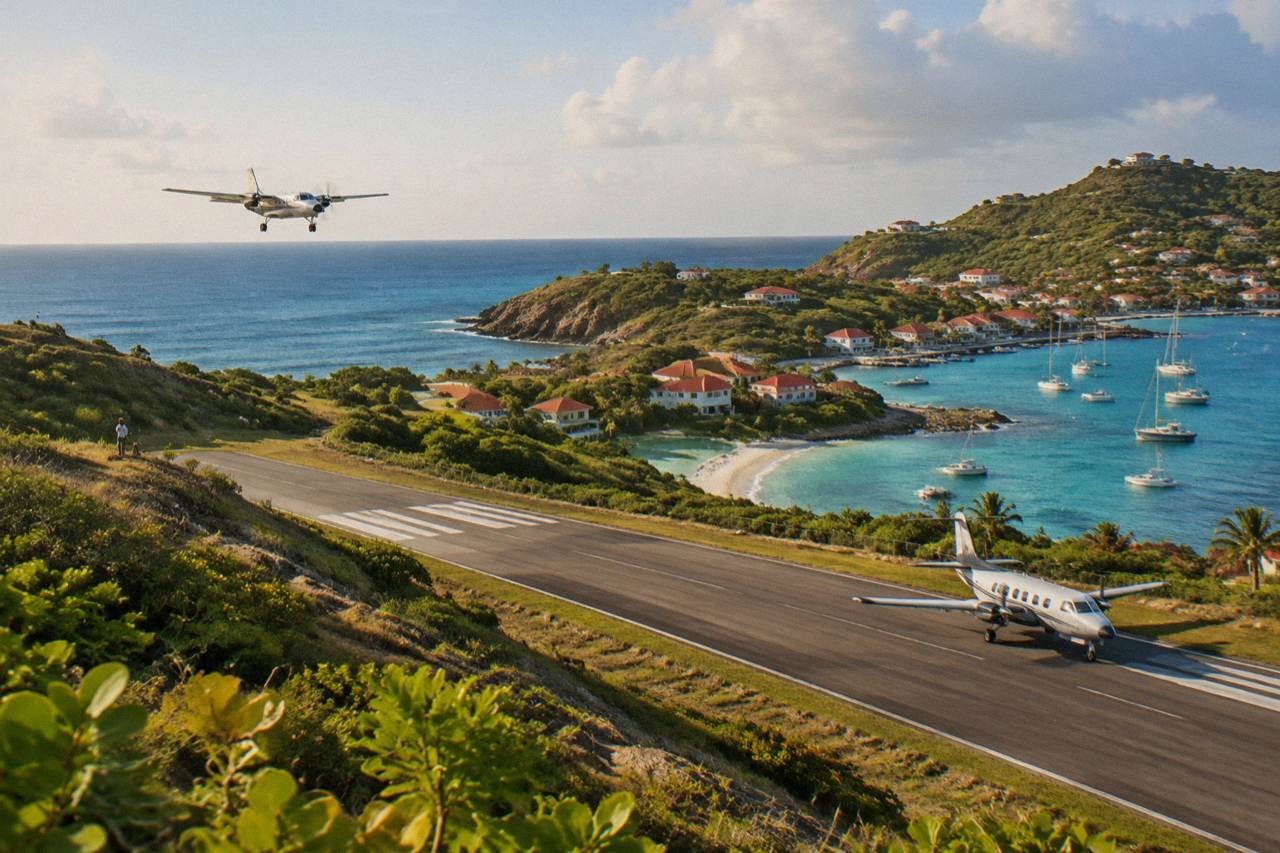 A small turboprop aircraft on the short runway at Gustaf III Airport in St Barts with hills and turquoise water behind it