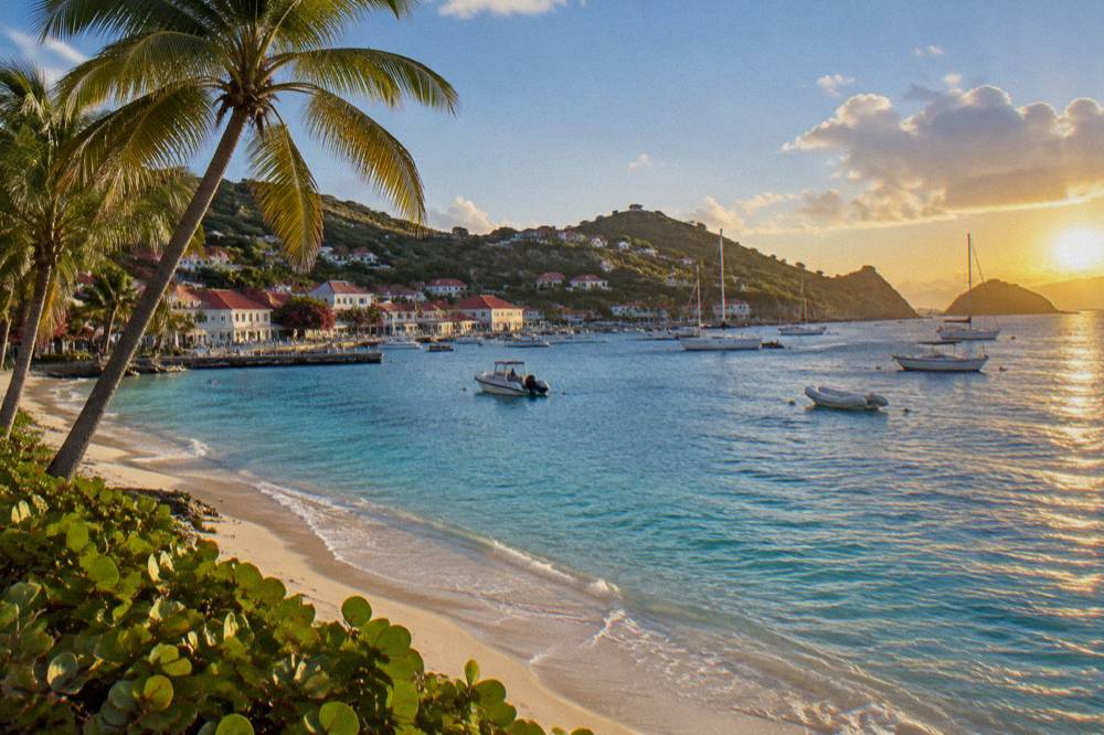 Palm trees leaning over an empty white sand beach in St Barts under a blue sky