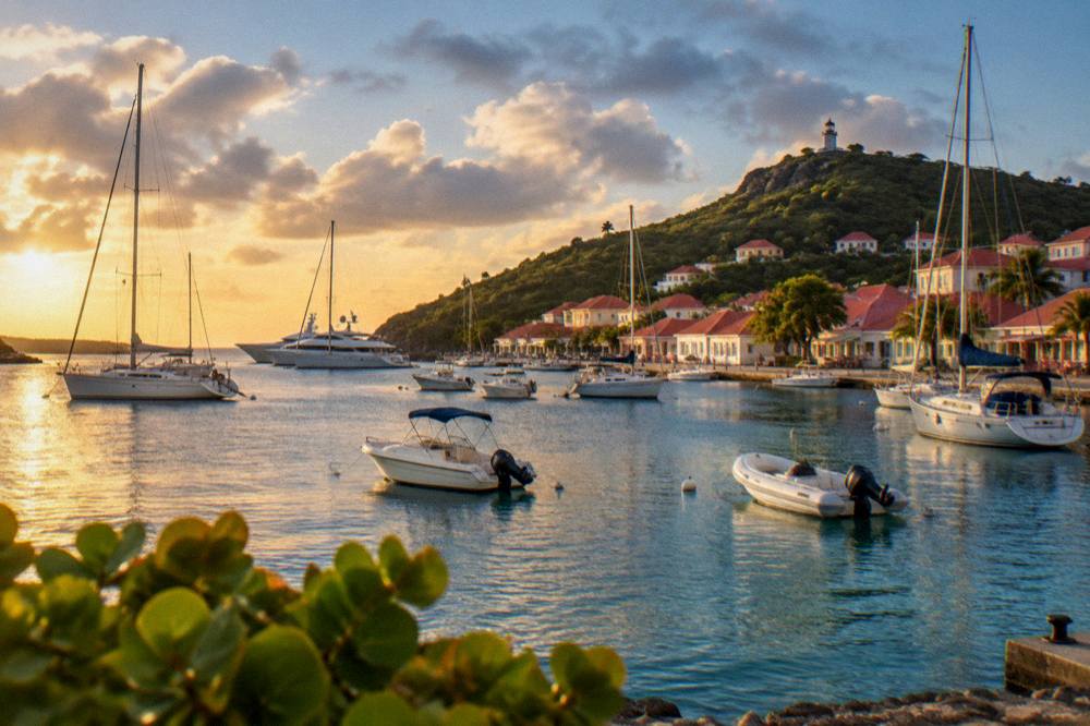 Gustavia harbor at golden hour with yachts moored and red roofs along the shoreline