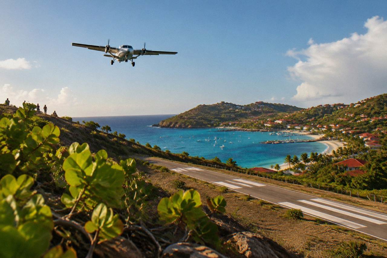 A small turboprop airplane on a short Caribbean runway between green hills and blue sea
