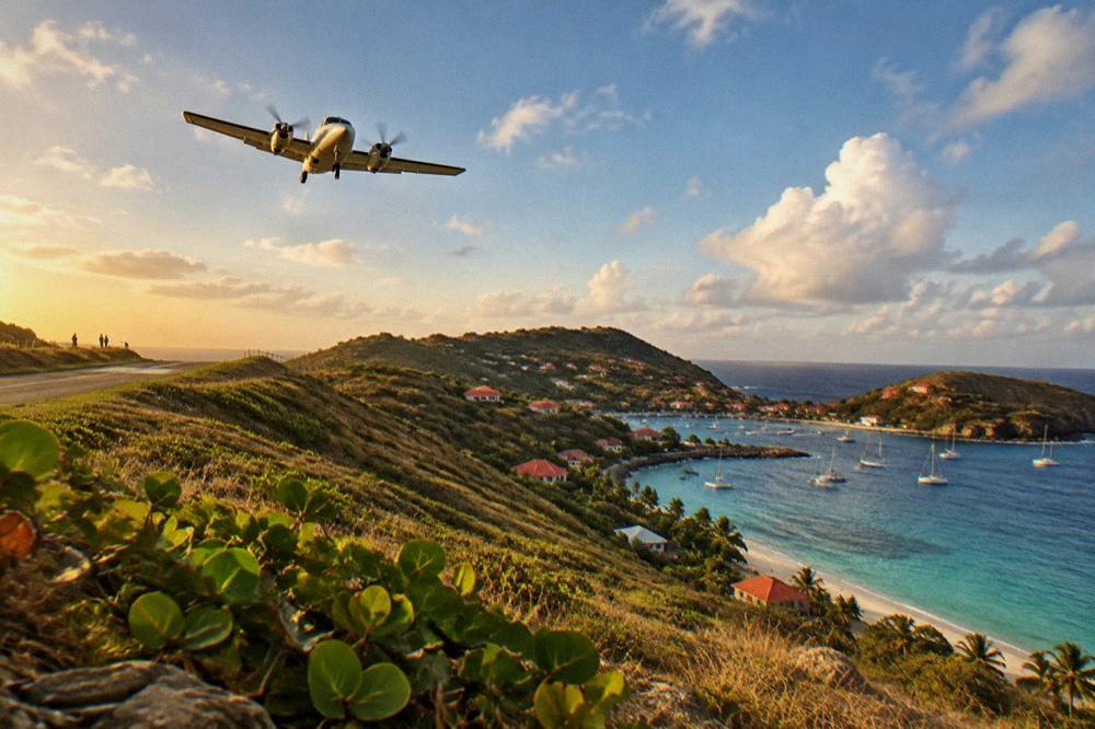 A small airplane climbing away from a tropical coastline toward scattered clouds over blue sea
