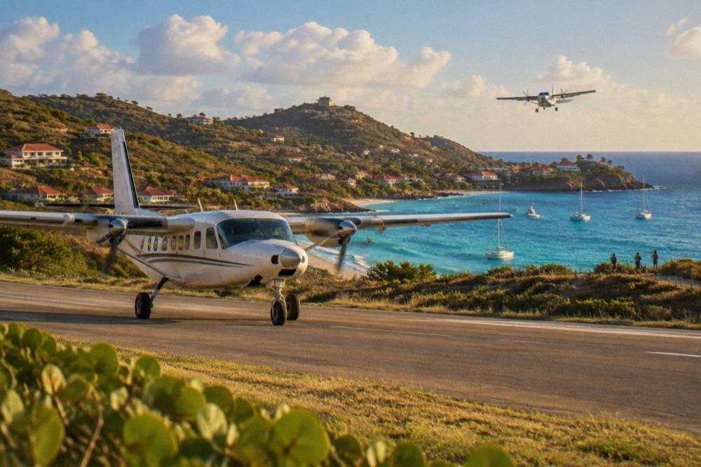A Cessna Caravan turboprop taxiing on a small island airstrip