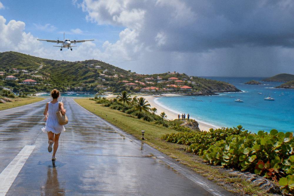 A small white turboprop aircraft on a short runway between green hills and a beach