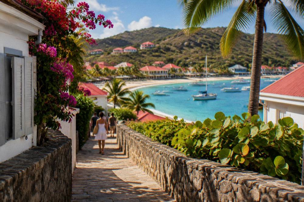 A pedestrian lane between low stone walls and whitewashed buildings in a Caribbean town