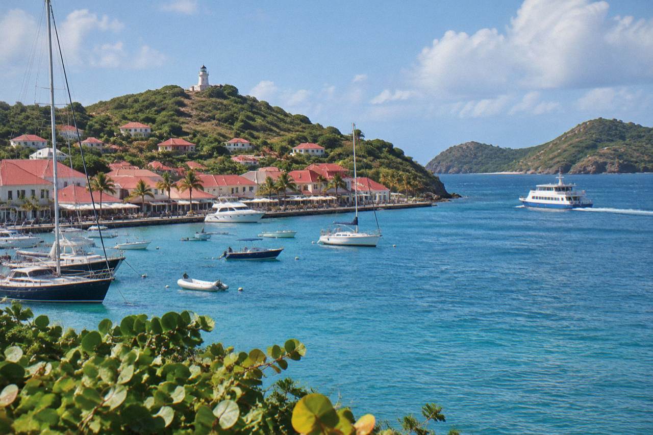 A passenger ferry underway on open Caribbean water between green islands under a bright sky