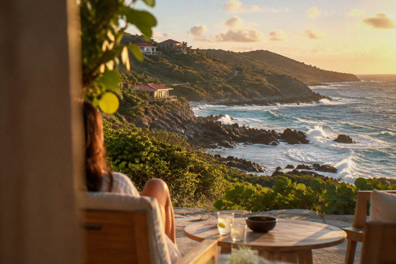 A quiet hotel terrace above a green hillside looking toward the sea on the southeast coast of a Caribbean island