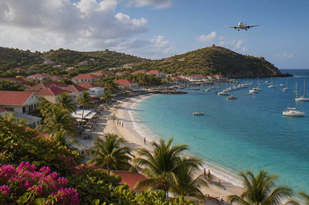 A turquoise bay with a white sand beach and a small aircraft descending over a green headland