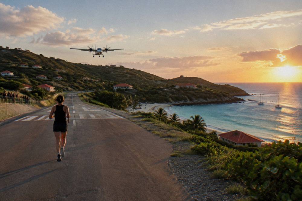 A small turboprop aircraft on a short runway between a beach and green hills