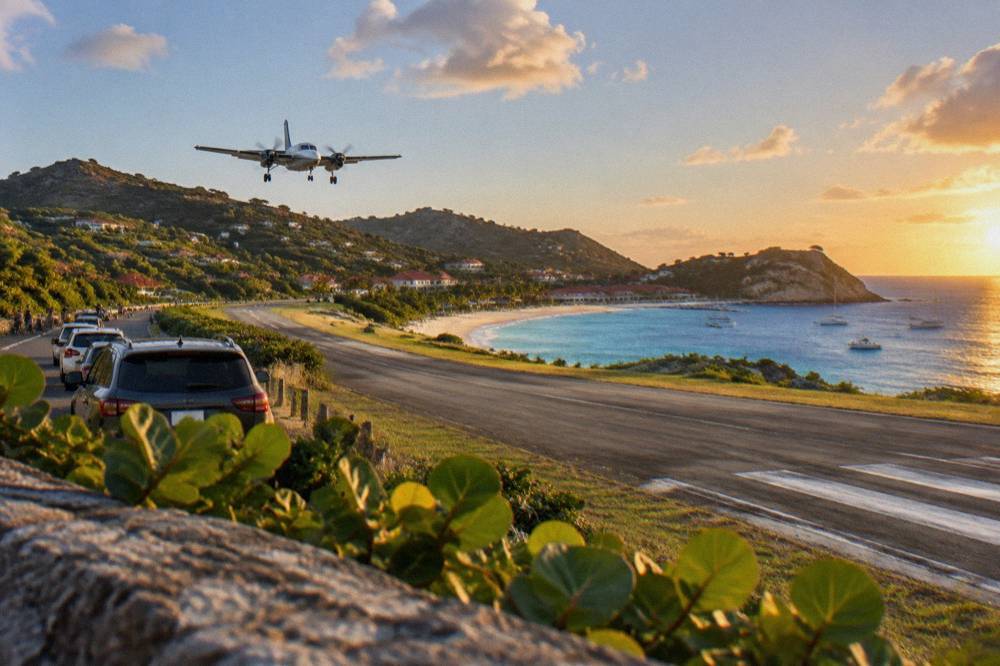 Cars parked on a narrow road beside the runway at Gustaf III airport with a beach in the background