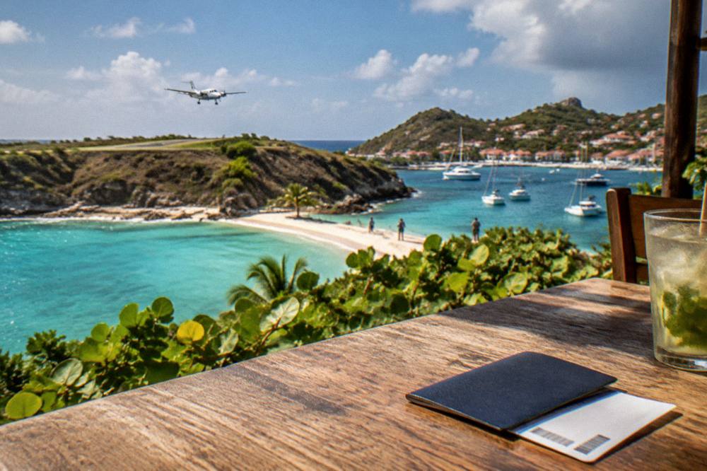 A passport and boarding pass resting on a wooden table with a harbour of white boats beyond
