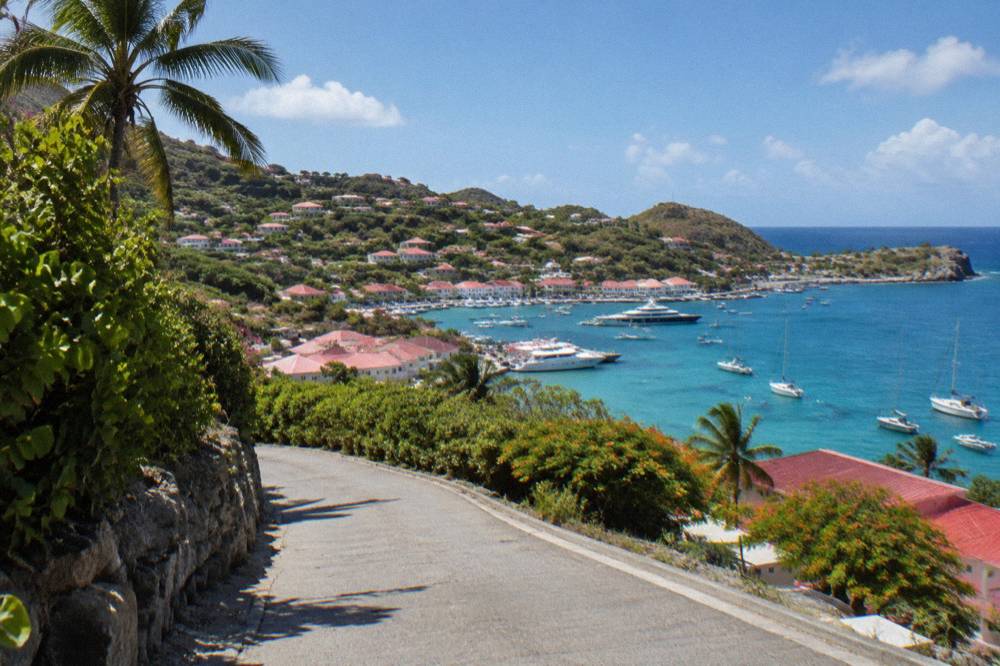 A narrow hillside road curving between low green bushes with sea in the distance