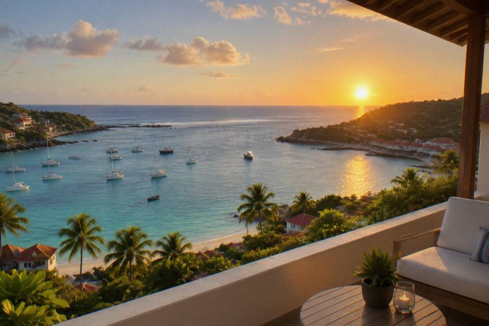 A hotel room terrace at dusk with soft lighting and an ocean view