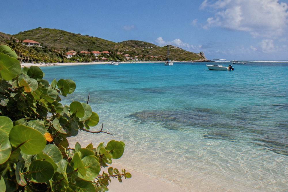 Shallow clear water over seagrass with green hills behind a sandy curve