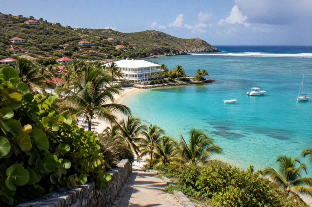 A palm-lined path leading toward a white hotel building beside the sea