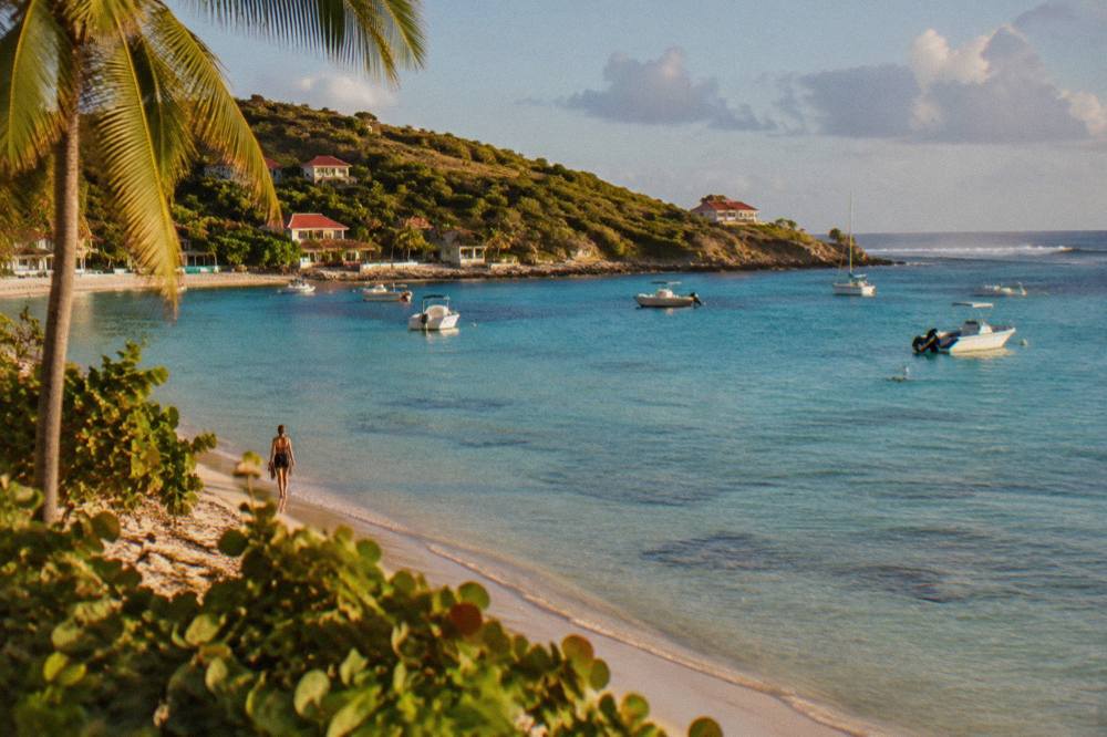 A calm shallow lagoon of pale turquoise water fringed by sand and a few palm trees under a clear sky