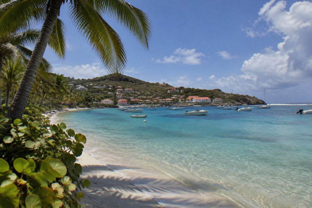 A palm-fringed beach with calm water in the foreground and a few white buildings in the distance under scattered clouds
