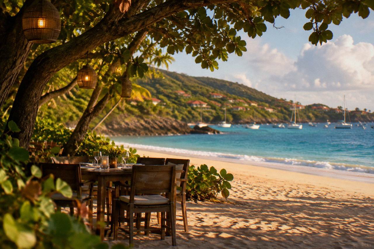 A restaurant table set beneath large tamarin trees with lanterns glowing in a tropical garden