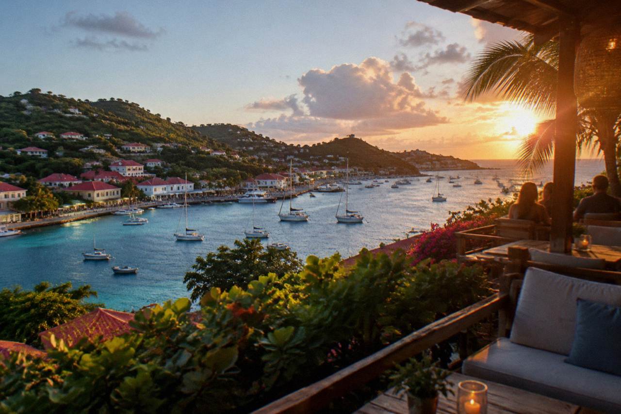 A hillside venue above the water on St Barts at dusk, with warm lights glowing over the Caribbean
