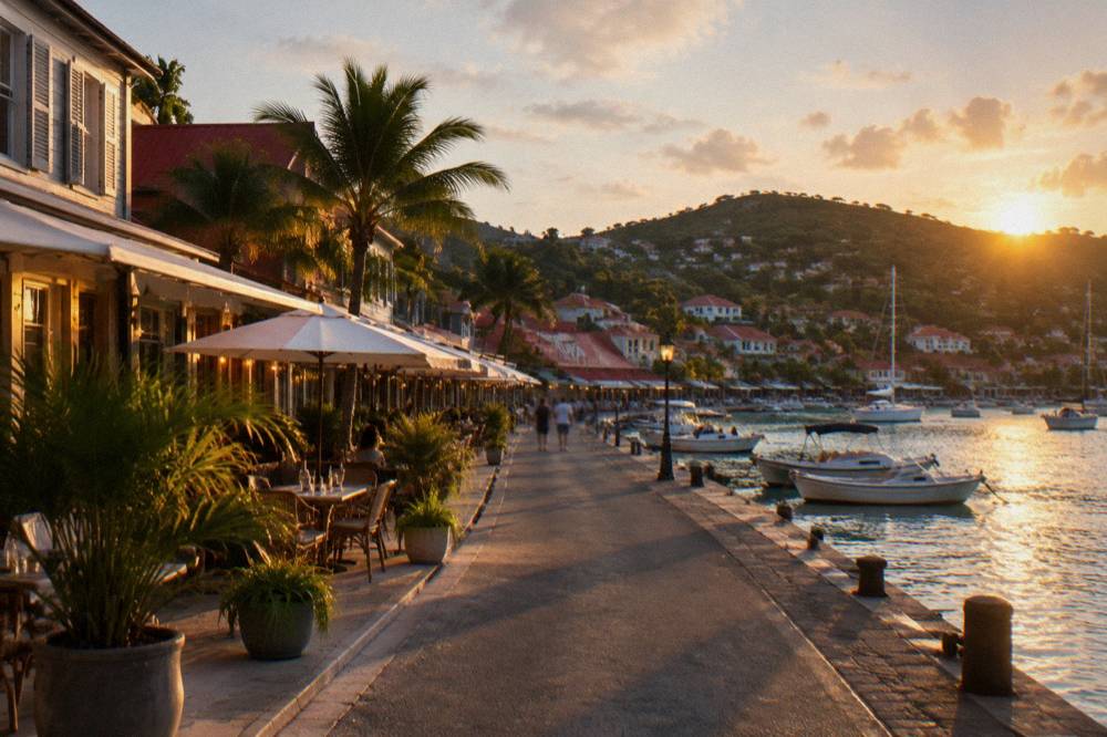 A harbour town on a Caribbean hillside island at twilight with lights along the waterfront