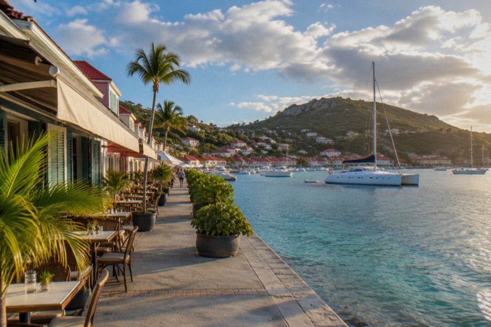A catamaran at anchor in a calm bay on a Caribbean island at golden hour