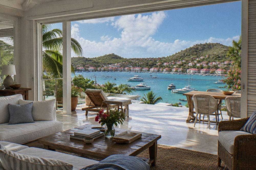 An open-plan villa living room with doors opening onto a sea-facing terrace