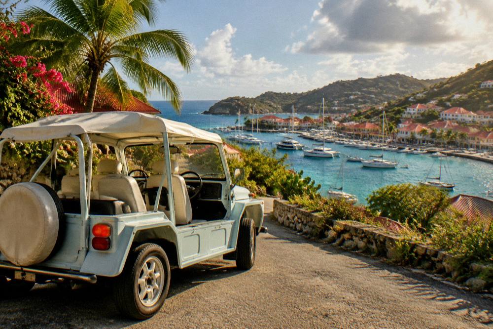 A rental Mini Moke parked on a narrow hillside road above the sea