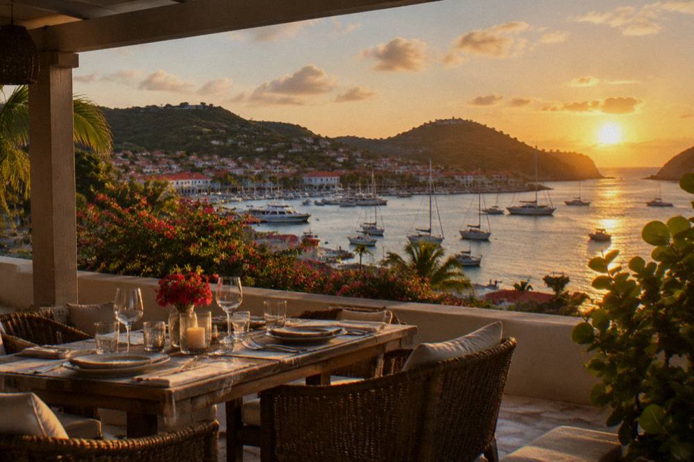 A covered terrace with a dining table set for dinner facing the sunset