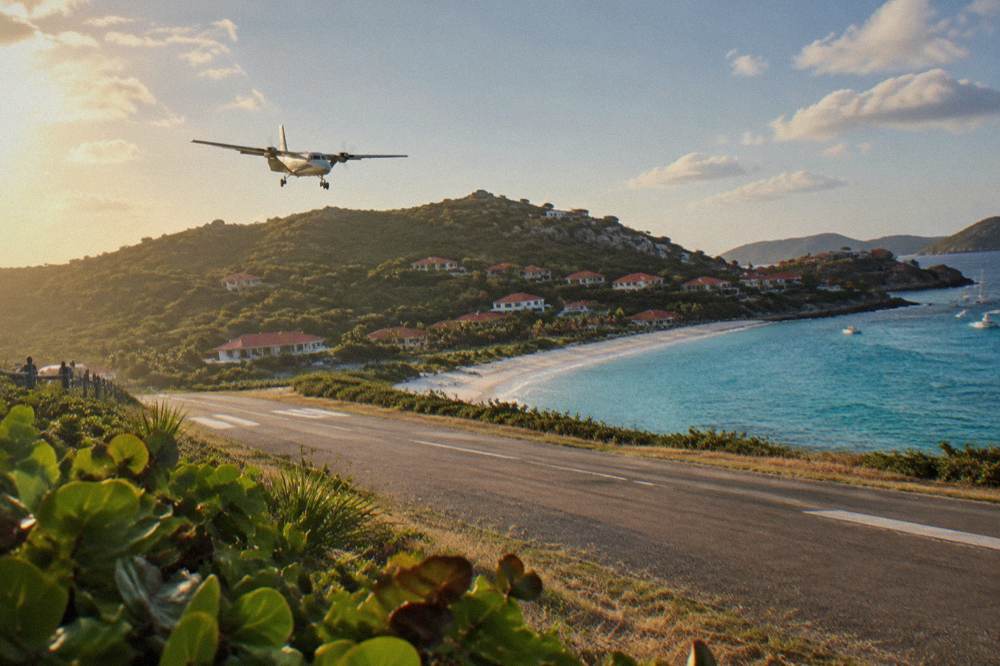 A small turboprop aircraft on a short runway beside a beach and green hills