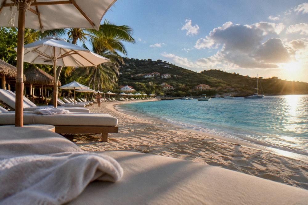 Loungers and umbrellas on sand beside calm turquoise water at a Caribbean beach club