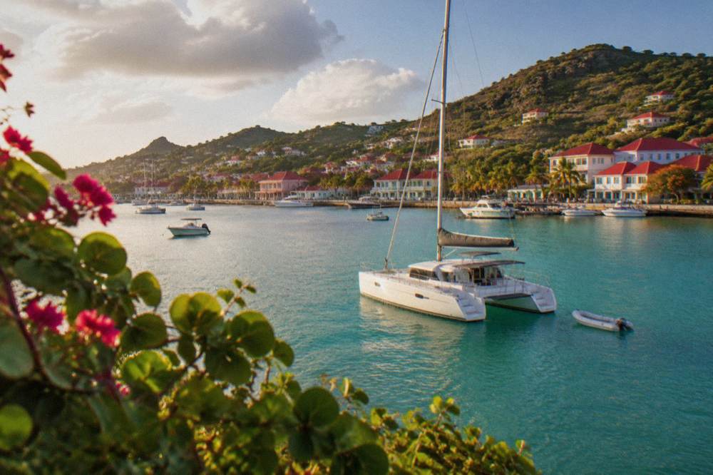 A sailing catamaran anchored in a quiet green bay with wooded hills