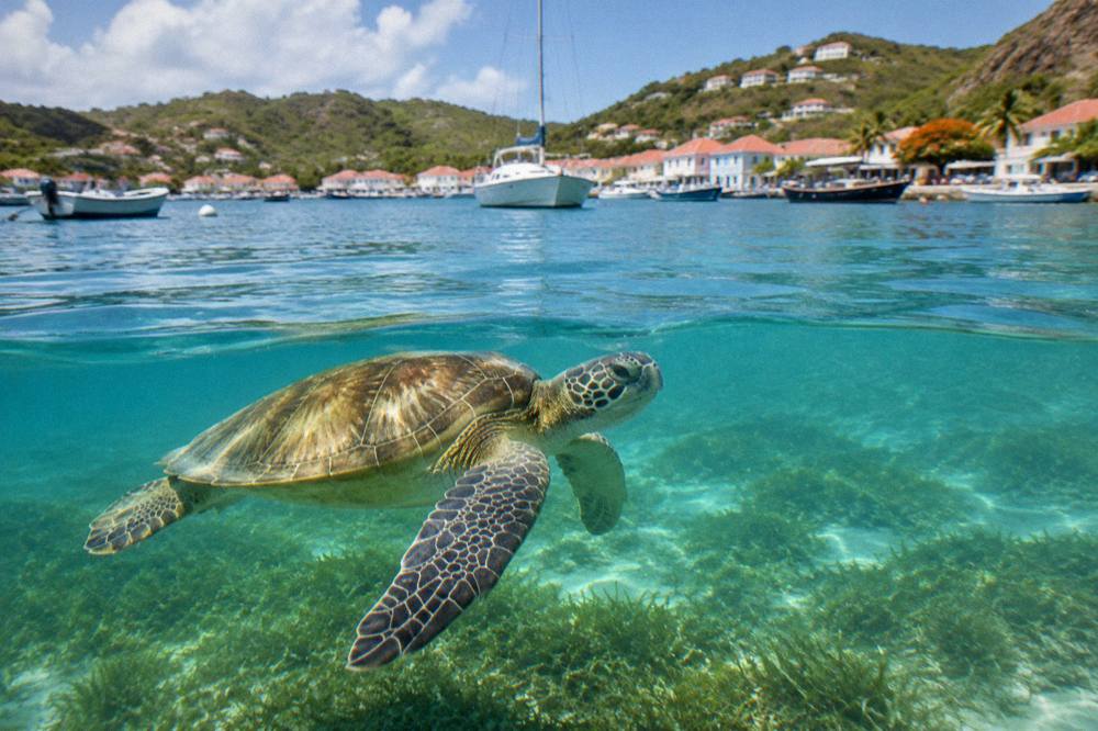 A green sea turtle swimming over seagrass in clear turquoise water