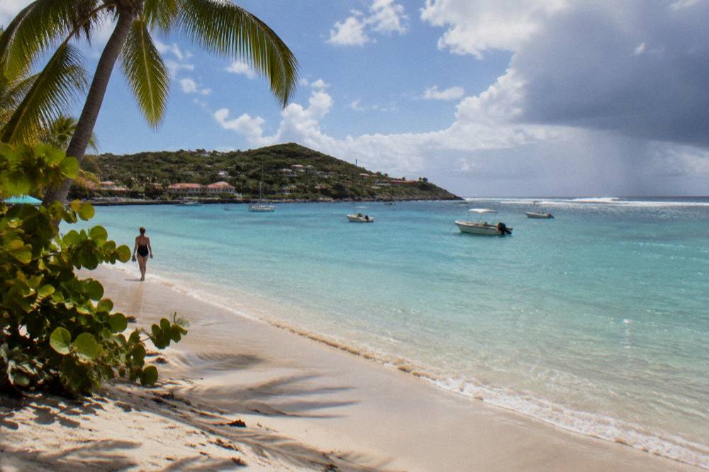 Shallow calm turquoise lagoon at Grand Cul-de-Sac beach on St Barts