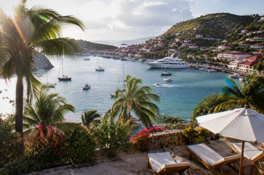 Palm trees and a terrace above a calm bay with sun loungers
