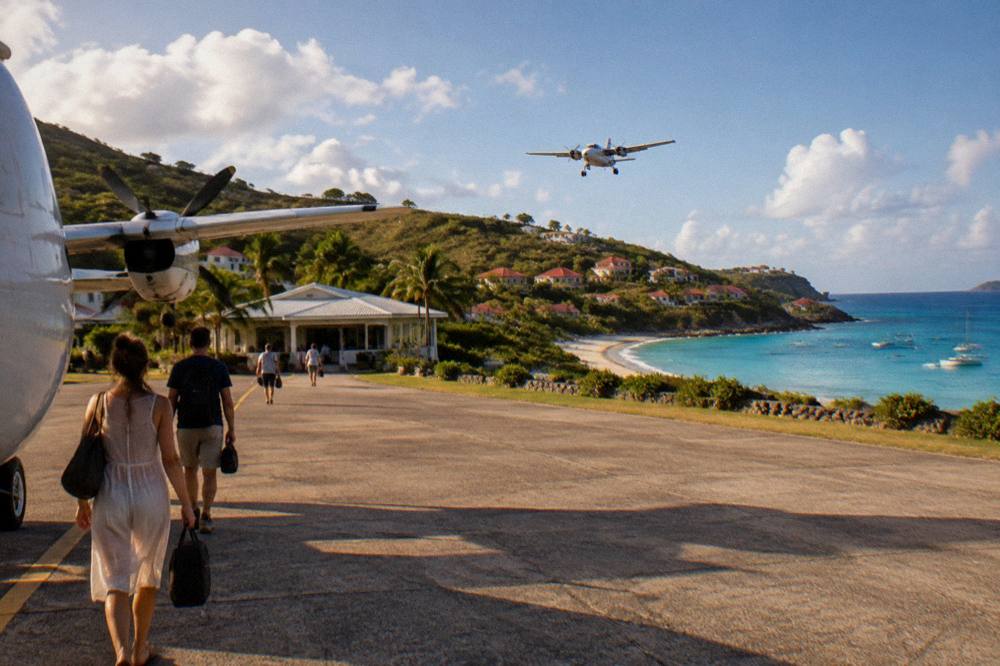 Travellers with small bags walking from a parked aircraft toward a low white terminal building