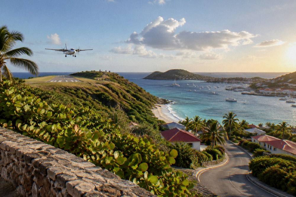 A narrow island road winding between palm trees and low buildings toward a harbor town