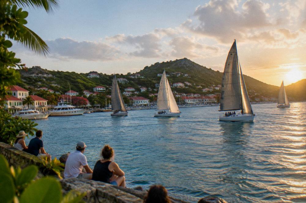 Sailboats racing across a harbour at sunset with spectators watching from a stone wall