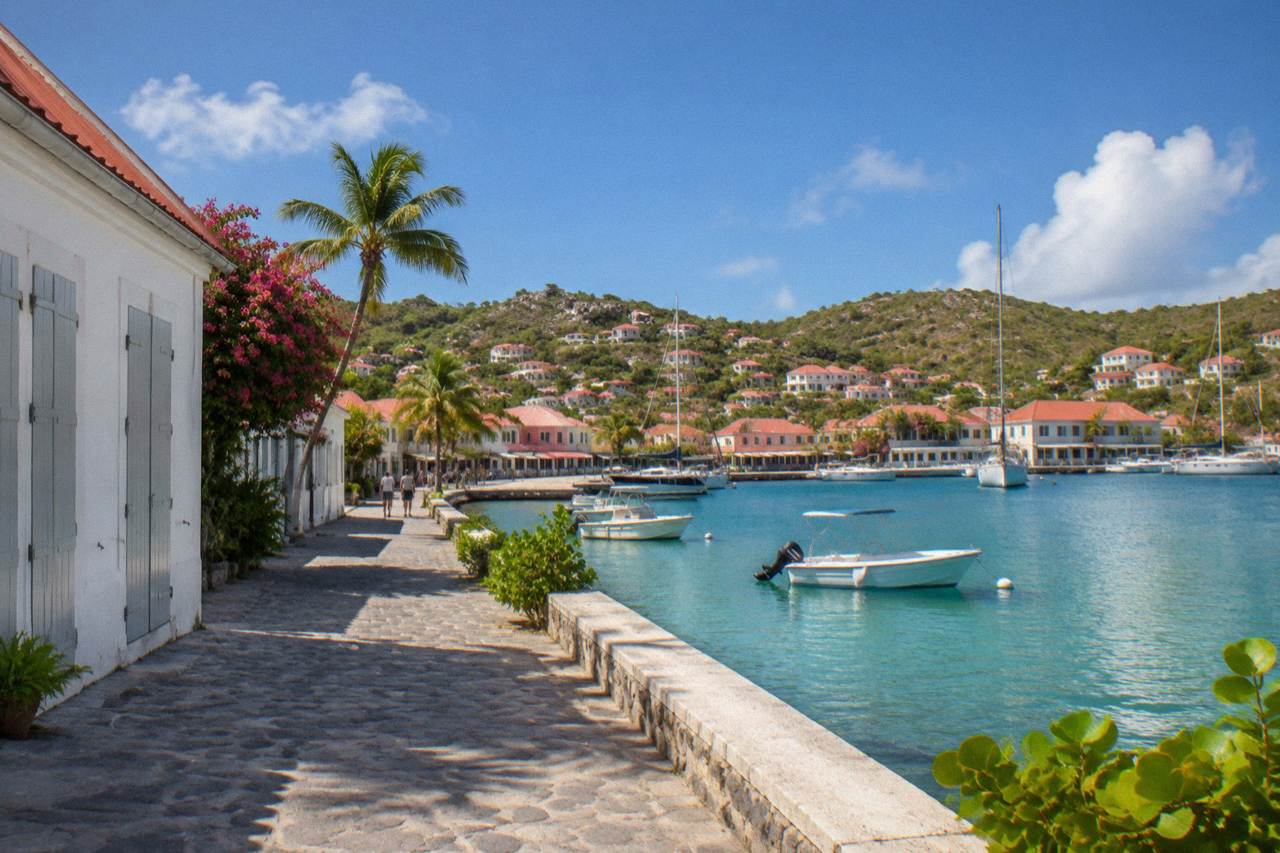 A quiet gallery street in Gustavia with whitewashed walls and red roofs above the harbour