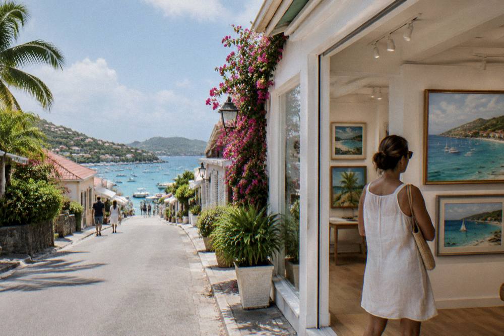 A visitor admiring framed seaside paintings inside a bright island gallery